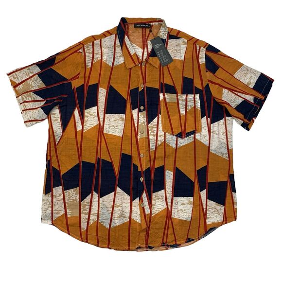 Incerun Shirt Mens 5XL Orange Multi Abstract Vertical Stripe Geo Print Loose - Picture 1 of 12